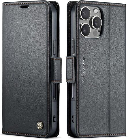 حافظة محفظة QLTYPRI لهاتف iPhone 16 Pro Max، حافظة قابلة للطي مغناطيسية من جلد البولي يوريثان الفاخر مع فتحات بطاقة الائتمان RFID وغطاء حماية مضاد للصدمات - أسود in Kuwait