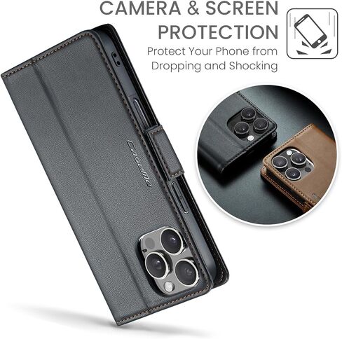 حافظة محفظة QLTYPRI لهاتف iPhone 16 Pro Max، حافظة قابلة للطي مغناطيسية من جلد البولي يوريثان الفاخر مع فتحات بطاقة الائتمان RFID وغطاء حماية مضاد للصدمات - أسود in Kuwait