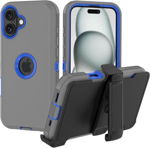 Case for iPhone 16 Plus: Heavy Duty Shockproof Armor Protector Case Cover with Belt Clip Holster for Apple iPhone 16 Plus 6.7 Phone Case (Gray+Blue) in Saudi Arabia