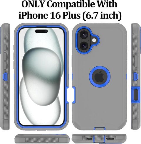 Case for iPhone 16 Plus: Heavy Duty Shockproof Armor Protector Case Cover with Belt Clip Holster for Apple iPhone 16 Plus 6.7 Phone Case (Gray+Blue) in Saudi Arabia