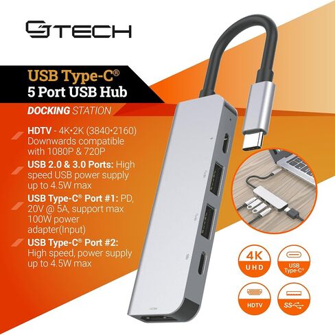 USB Hub - Type C USB Port Hub - Multiple USB Port with 5 Ports - High Speed USB Hubs for 4K Downloads - Multi USB Port for Laptop in Saudi Arabia