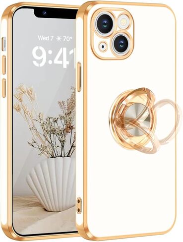 حافظة Fingic لهاتف iPhone 13، حافظة لهاتف iPhone 13 مع حامل حلقي [حامل حلقي قابل للدوران 360 درجة، مسند مغناطيسي] [حافة ذهبية مطلية لامعة] حافظة حماية نحيفة ناعمة من مادة TPU مقاومة للصدمات للنساء والرجال، أبيض in Saudi Arabia