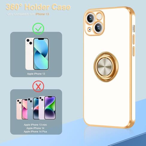 حافظة Fingic لهاتف iPhone 13، حافظة لهاتف iPhone 13 مع حامل حلقي [حامل حلقي قابل للدوران 360 درجة، مسند مغناطيسي] [حافة ذهبية مطلية لامعة] حافظة حماية نحيفة ناعمة من مادة TPU مقاومة للصدمات للنساء والرجال، أبيض in Saudi Arabia
