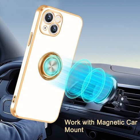 حافظة Fingic لهاتف iPhone 13، حافظة لهاتف iPhone 13 مع حامل حلقي [حامل حلقي قابل للدوران 360 درجة، مسند مغناطيسي] [حافة ذهبية مطلية لامعة] حافظة حماية نحيفة ناعمة من مادة TPU مقاومة للصدمات للنساء والرجال، أبيض in Saudi Arabia