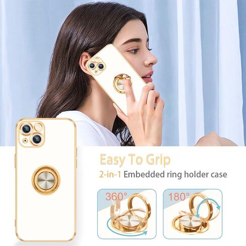 حافظة Fingic لهاتف iPhone 13، حافظة لهاتف iPhone 13 مع حامل حلقي [حامل حلقي قابل للدوران 360 درجة، مسند مغناطيسي] [حافة ذهبية مطلية لامعة] حافظة حماية نحيفة ناعمة من مادة TPU مقاومة للصدمات للنساء والرجال، أبيض in Saudi Arabia
