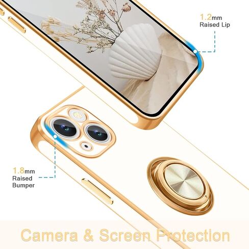 حافظة Fingic لهاتف iPhone 13، حافظة لهاتف iPhone 13 مع حامل حلقي [حامل حلقي قابل للدوران 360 درجة، مسند مغناطيسي] [حافة ذهبية مطلية لامعة] حافظة حماية نحيفة ناعمة من مادة TPU مقاومة للصدمات للنساء والرجال، أبيض in Saudi Arabia