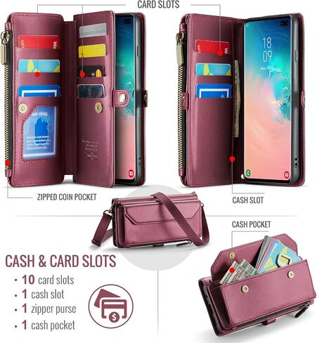حافظة هاتف Asuwish لهاتف Samsung Galaxy S10 مزودة بسحاب مع واقي شاشة من الزجاج المقسى وقفل RFID وحامل بطاقات الائتمان والنقود الخلوية S 10 Edge 10S GS10 X10 للنساء والفتيات باللون الأحمر الخمري in Saudi Arabia
