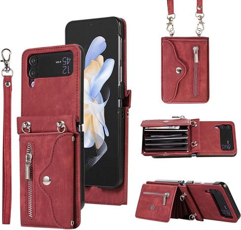 Phone Case for Samsung Galaxy Z Flip 4 5G 2022 Wallet Cover with Wrist Crossbody Strap Lanyard Credit Card Holder Stand Shoulder Slot Leather Cell Accessories ZFlip4 Z4 Flip4 4Z Women Men Brown in Saudi Arabia