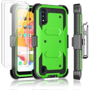 Njjex Rugged Case For Samsung Galaxy A01, For Galaxy A01 Case With Tempered Glass Screen Protector [2 Pack], [Nbeck] Shockproof Heavy Duty Locking Swivel Holster Belt Clip Kickstand Hard Cover [Green]