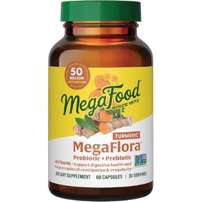 MegaFood MegaFlora Probiotic + Prebiotics + Turmeric - Probiotics for Women & Men - Probiotics for Digestive Health - 50 Billion CFUs - 14 Strains - Vegan - Non-GMO - 90 Caps (45 Servings)