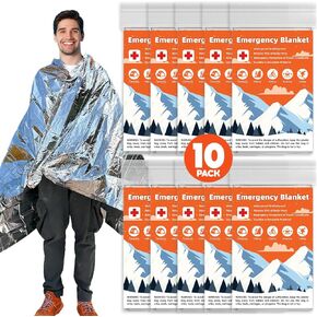 10 Pack Emergency Thermal Blanket Survival, Mylar Blankets for Outdoor, Space Blanket, Silver Foil Blanket, Survival Kit Camping Blanket, Body Warmer Blanket, First Aid, Hiking 84" x 52"