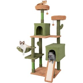 Tangkula Cactus Cat Tree, 59 Inch Tall Cat Tower with Sisal Scratching Posts, Cat Condo, Perch, Space Capsule, Large Bed, Self Groomer, Rope, Ball, Green Cute Cat Tree Tower for Indoor Cats