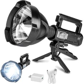Super Bright Rechargeable LED Spotlight,Handheld Tactical Flashlight 4 Modes High Power Portable Waterproof Searchlight for Outdoor Tripod, Adpater and USB Cable Included