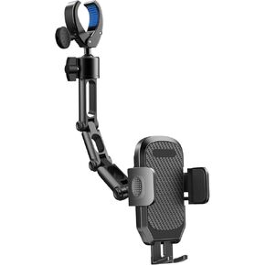 Phone Holder Car, Rear View Mirror Phone Holder - Aluminum Alloy Mount Multi-Angle Adjustment Rotatable and Retractable Compatible with All 4-7 Inch iPhone and Android Cell Phones (Silver)