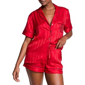 Victoria's Secret Satin Pajama Set, Short Sleeve Button Down & Shorts Set, Sleepwear for Women, Pretty Blossom (L)