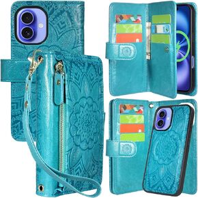 Harryshell for iPhone 16 6.1" Detachable Magnetic Case Wallet,Compatible with Magsafe Wireless Charging, [Theft-Scan Blocking] Card Slots, Cash Zipper Pocket Wrist Strap (Floral Blue Green)