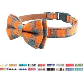 Bow Tie Dog Collar - Cute Plaid Sturdy Soft Material&Leather Dog Collars for Small Medium Large Dogs Breed Puppies Adjustable 18 Colors and 3 Sizes (Orange Plaid, S 10"-14")
