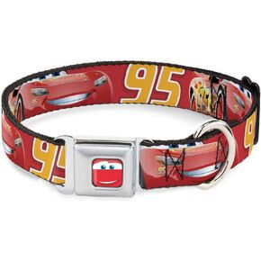 Dog Collar Seatbelt Buckle Cars Lightning McQueen Smiling Pose 95 Reds White Orange 11 to 17 Inches 1.0 Inch Wide