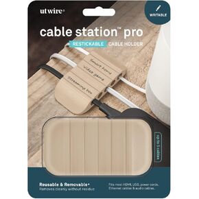 Cable Station Pro Re-stickable Cable Holder and Identifier for HDMI, Media Center on Desk Tables- Writable Beige