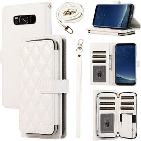 Wallet Case for Samsung Galaxy S8 Plus with Wrist Strap, Shoulder Strap, 9+ Card Slots Zipper Purse, Luxury PU Leather Stand Cell Phone Cover for S8plus S 8 8plus 8S Edge S8+ SM-G955U White