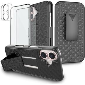 Ailiber for iPhone 16 Plus Holster, Swivel Belt Clip, iPhone 16 Plus Case with Screen Protector[2 Pack], Kickstand Holder, Slim Shockproof Shell Full Body Pouch Phone Cover for iPhone 16+-Black