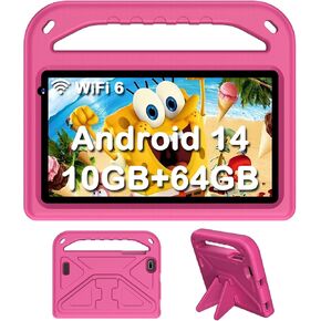 Kids Tablet, Android 14 Tablet for Kids 7 Inch, 8GB RAM 64GB ROM Toddler Tablet, Parental Control, 2.4G/5G WiFi 6, 1.8Ghz Octa-Core, Dual Camera, GMS, Kids IWAWA App Pre-Installed-Pink