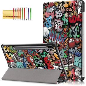 Case for Samsung Galaxy Tab S7+/S8+ 12.4-Inch (2020/2022) SM-T970/X800, Techcircle Slim Fit Trifold Stand Magnetic Hard Back Cover [Auto Wake/Sleep] Premium PU Leather Flip Smart Case, Graffiti