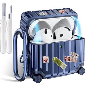 KOREDA Compatible with AirPods 4 Case, Cute Funny Suitcase Design Case for Airpods 4th Generation, Fashion Protective Hard Case Cover with Cleaner Kit & Keychain (Blue)