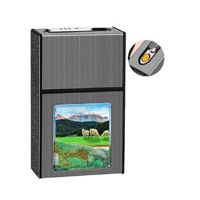 Cigarette Case with USB Lighter Full Pack 20pcs 84mm Regular/King Size Cigarettes Electric Rechargeable Flameless Windproof Lighters (Black 02)