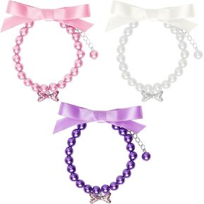 3 Pcs Small Dog Collars Female Dog Jewelry Cute Dog Collar Ribbon Bow Pet Dog Pearl Necklace Collar with Bling Rhinestones Bone for Dogs Puppy Kitten Wedding Birthday Party(Pink+White+Purple)