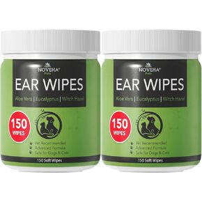 NOVEHA Pet Ear Wipes - Dog Ear Cleaner Wipes, Otic Cleanser for Dogs & Cats - Stop Ear Itching with Aloe Vera, Eucalyptus and Witch Hazel for Odor Control, Dirt and Wax Removal, Unscented (300 Count)