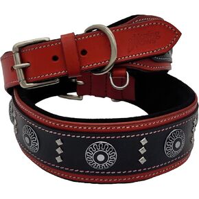 Blazing Paws Armington Wide 2 inch Luxury Thick Leather Western Dog Collar for Large Dogs, Soft Suede Padded Dog Collar with Shield Conchos and Square Studs (XL: 20-23", Natural/Brown)