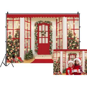Durable/Soft Fabric Christmas Backdrop 8x6ft Red Door Santa's Workshop Wreath Christmas Trees Photography Background Xmas Eve Family Christmas Holiday Party Decoration Photo Studio Props
