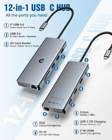 شاشة عرض ثلاثية OBERSTER 12 في 1 USB C Hub مع 2 HDMI وVGA و100W PD و2 USB 3.0 و2 USB 2.0 وEthernet وقارئ بطاقات SD/TF وميكروفون/صوت متوافق مع أجهزة الكمبيوتر المحمول وأجهزة USB الأخرى من النوع C in Kuwait