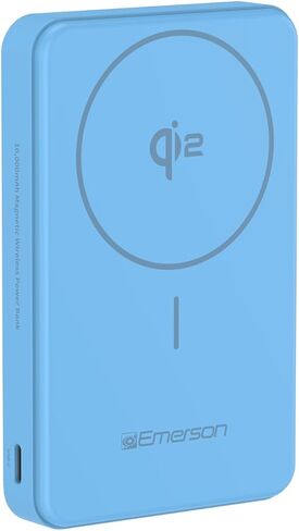 Emerson PBW1010U Power Bank, Compact Travel Ready 10,000mAh Battery Pack with Qi2 15W Wireless Charging and 22.5W Wired Charging (USB and USB C) for iPhone, iPad and More, Blue in Saudi Arabia