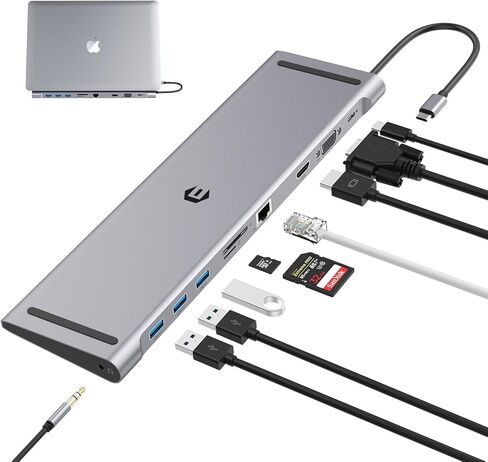 محول OBERSTER USB C Hub 10 في 1 مع شاشة ثلاثية، 4K HDMI، VGA، 3xUSB 3.0، PD 100W، إيثرنت، فتحات SD/TF، ​​اتصال محسّن بالصوت/الميكروفون لأجهزة Mac والكمبيوتر المحمول والمزيد in Kuwait