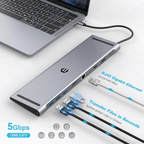 محول OBERSTER USB C Hub 10 في 1 مع شاشة ثلاثية، 4K HDMI، VGA، 3xUSB 3.0، PD 100W، إيثرنت، فتحات SD/TF، ​​اتصال محسّن بالصوت/الميكروفون لأجهزة Mac والكمبيوتر المحمول والمزيد in Kuwait