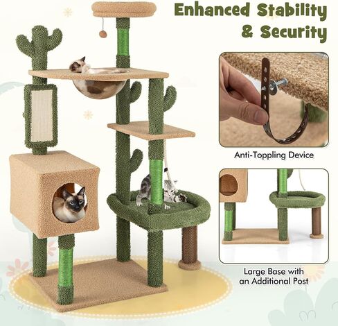 Tangkula Cactus Cat Tree, 59 Inch Tall Cat Tower with Sisal Scratching Posts, Cat Condo, Perch, Space Capsule, Large Bed, Self Groomer, Rope, Ball, Green Cute Cat Tree Tower for Indoor Cats in Saudi Arabia