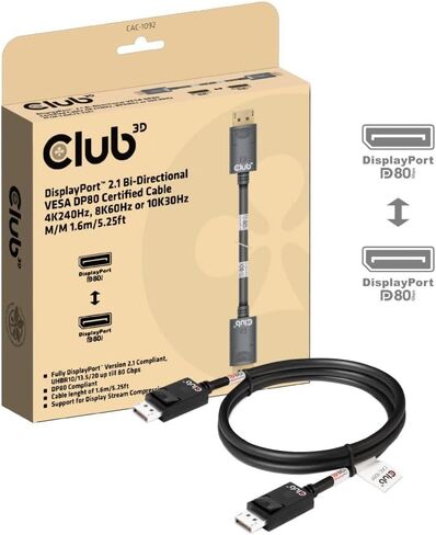 Club 3D CAC-1091 1.2 Meter/ 3.94 Feet DisplayPort 2.1 Bi-Directional VESA DP80 Certified Cable with G-SYNC, & HDR 4K 144Hz, 8K60Hz, 10K30Hz, 4K 240Hz M/M in Kuwait