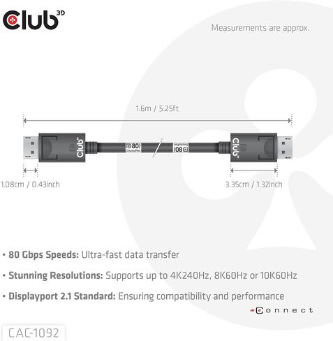 Club 3D CAC-1091 1.2 Meter/ 3.94 Feet DisplayPort 2.1 Bi-Directional VESA DP80 Certified Cable with G-SYNC, & HDR 4K 144Hz, 8K60Hz, 10K30Hz, 4K 240Hz M/M in Kuwait
