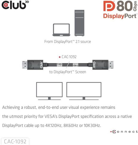 Club 3D CAC-1091 1.2 Meter/ 3.94 Feet DisplayPort 2.1 Bi-Directional VESA DP80 Certified Cable with G-SYNC, & HDR 4K 144Hz, 8K60Hz, 10K30Hz, 4K 240Hz M/M in Kuwait