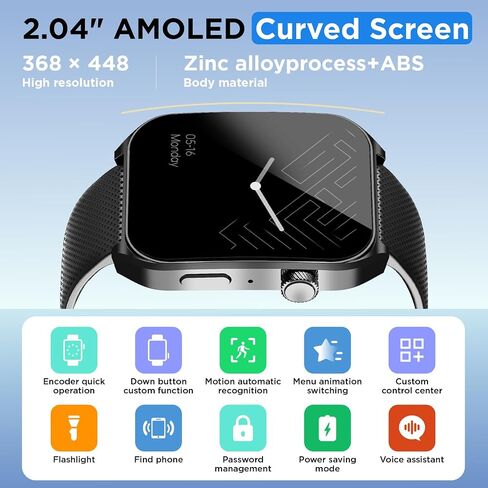 وجوه ساعة BENIO لتتبع اللياقة البدنية بالذكاء الاصطناعي، 2.04 بوصة AMOLED مع AOD، ساعة ذكية للرد/إجراء المكالمات، معدل ضربات القلب 24/7/SpO2/النوم/الإجهاد، سبائك الزنك عالية القوة، IP68 ساعات لياقة بدنية مقاومة للماء للنساء والرجال in Saudi Arabia