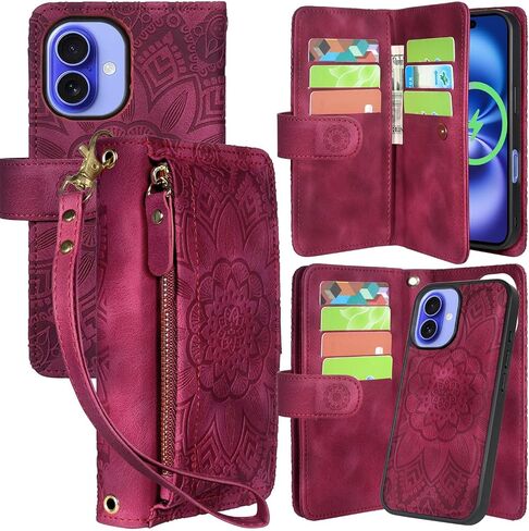 Harryshell for iPhone 16 6.1" Detachable Magnetic Case Wallet,Compatible with Magsafe Wireless Charging, [Theft-Scan Blocking] Card Slots, Cash Zipper Pocket Wrist Strap (Floral Blue Green) in Saudi Arabia