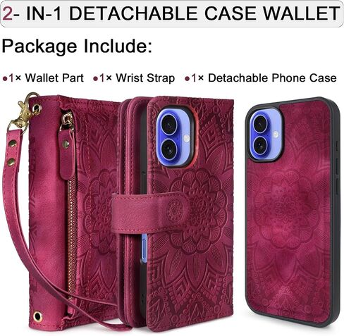 Harryshell for iPhone 16 6.1" Detachable Magnetic Case Wallet,Compatible with Magsafe Wireless Charging, [Theft-Scan Blocking] Card Slots, Cash Zipper Pocket Wrist Strap (Floral Blue Green) in Saudi Arabia