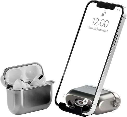 AirStand - غطاء حافظة AirPods Pro مع حامل هاتف غير مرئي، متوافق مع AirPods Pro 1/2nd Generation، جراب مقاوم للصدمات مصنوع من مادة TPU&PC مع حلقة مفاتيح، تصميم حاصل على براءة اختراع (فضي) in Kuwait