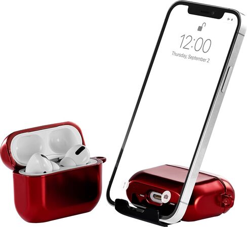 AirStand - غطاء حافظة AirPods Pro مع حامل هاتف غير مرئي، متوافق مع AirPods Pro 1/2nd Generation، جراب مقاوم للصدمات مصنوع من مادة TPU&PC مع حلقة مفاتيح، تصميم حاصل على براءة اختراع (فضي) in Kuwait
