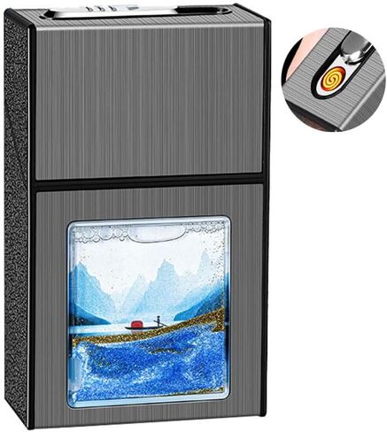 Cigarette Case with USB Lighter Full Pack 20pcs 84mm Regular/King Size Cigarettes Electric Rechargeable Flameless Windproof Lighters (Black 02) in Saudi Arabia