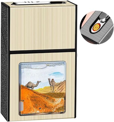 Cigarette Case with USB Lighter Full Pack 20pcs 84mm Regular/King Size Cigarettes Electric Rechargeable Flameless Windproof Lighters (Black 02) in Saudi Arabia