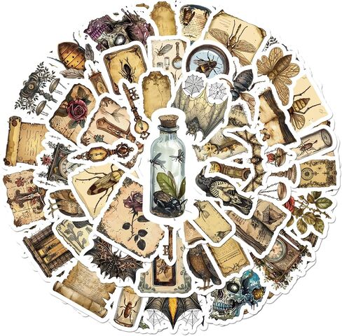 50Pcs Vintage Dark Academia Stickers, Steampunk Medieval Goth Stickers Pack, Non-Repeating Designs of Insect Specimens, Crows, Bats, Vintage Keys Clocks, Scrapbooking Journal Sticker for Adults in Saudi Arabia