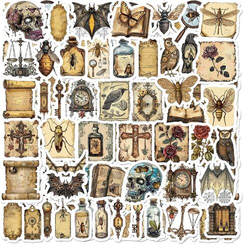 50Pcs Vintage Dark Academia Stickers, Steampunk Medieval Goth Stickers Pack, Non-Repeating Designs of Insect Specimens, Crows, Bats, Vintage Keys Clocks, Scrapbooking Journal Sticker for Adults in Saudi Arabia